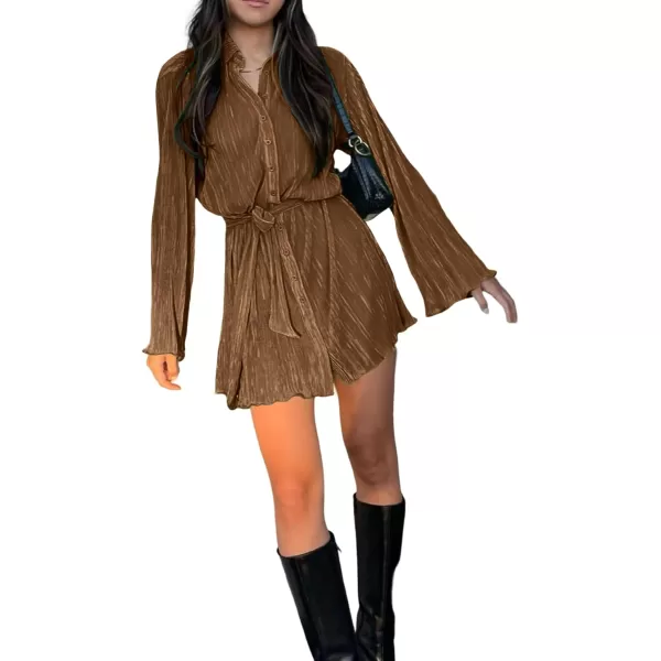 LYANER Women's Collar V Neck Button Down Pleated Long Sleeve Mini Shirt Dress with Belt