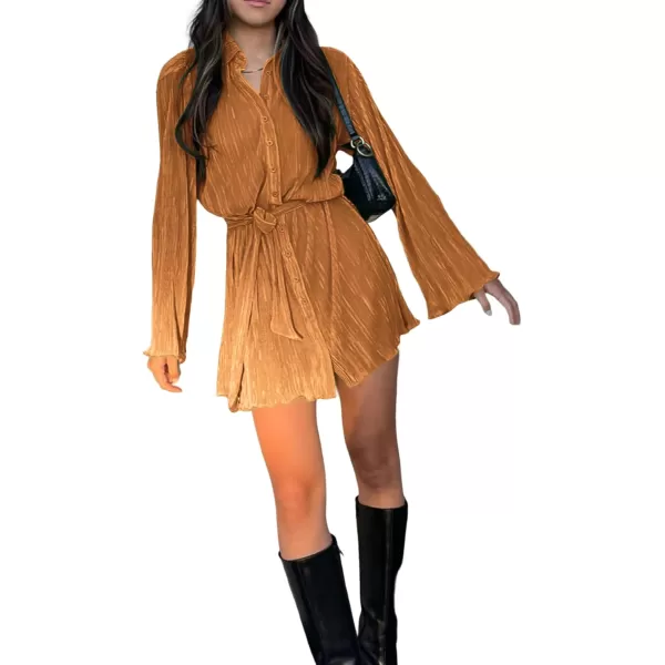 LYANER Women's Collar V Neck Button Down Pleated Long Sleeve Mini Shirt Dress with Belt