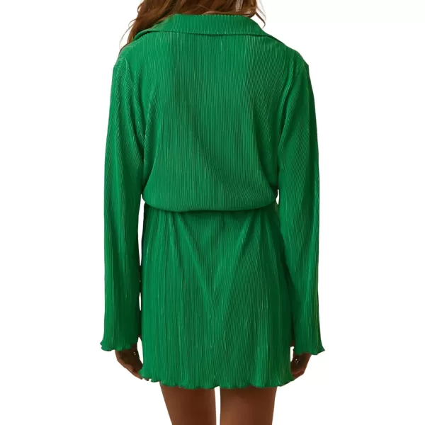 LYANER Women's Collar V Neck Button Down Pleated Long Sleeve Mini Shirt Dress with Belt