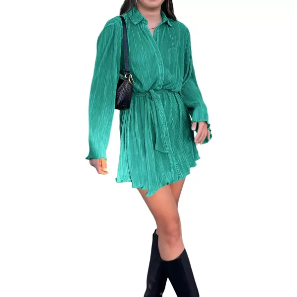 LYANER Women's Collar V Neck Button Down Pleated Long Sleeve Mini Shirt Dress with Belt
