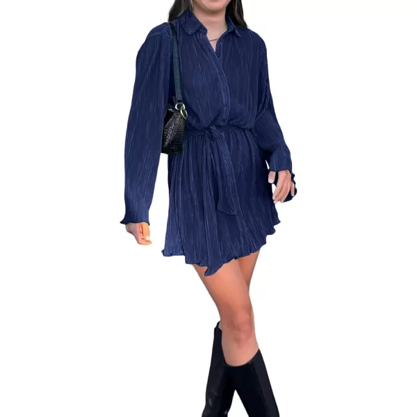 LYANER Women's Collar V Neck Button Down Pleated Long Sleeve Mini Shirt Dress with Belt