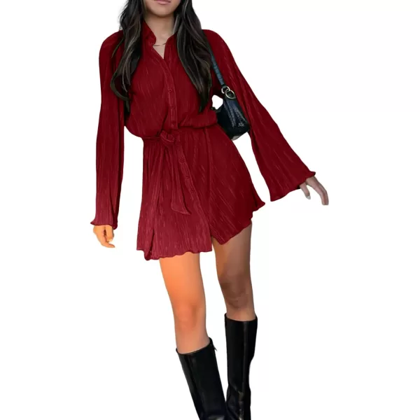 LYANER Women's Collar V Neck Button Down Pleated Long Sleeve Mini Shirt Dress with Belt
