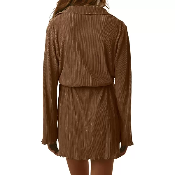 LYANER Women's Collar V Neck Button Down Pleated Long Sleeve Mini Shirt Dress with Belt