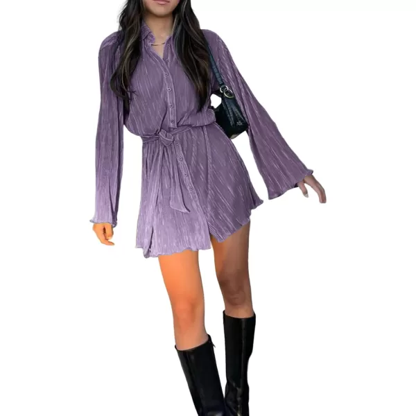 LYANER Women's Collar V Neck Button Down Pleated Long Sleeve Mini Shirt Dress with Belt