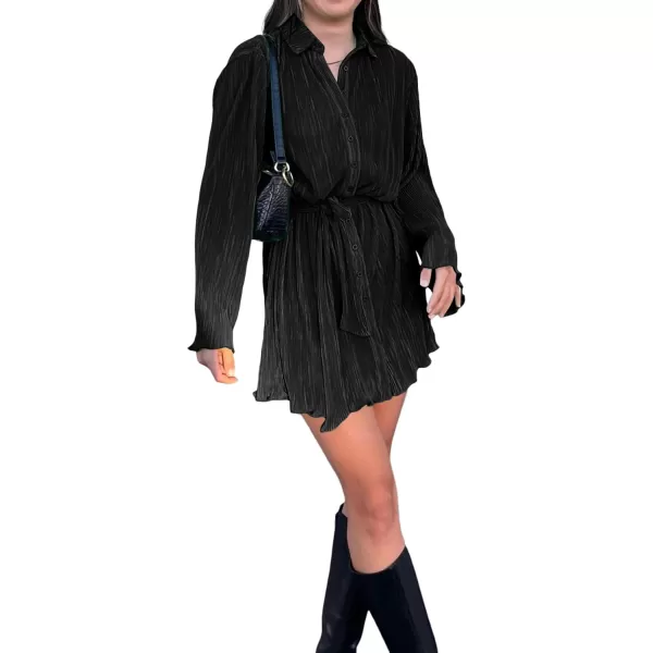 LYANER Women's Collar V Neck Button Down Pleated Long Sleeve Mini Shirt Dress with Belt