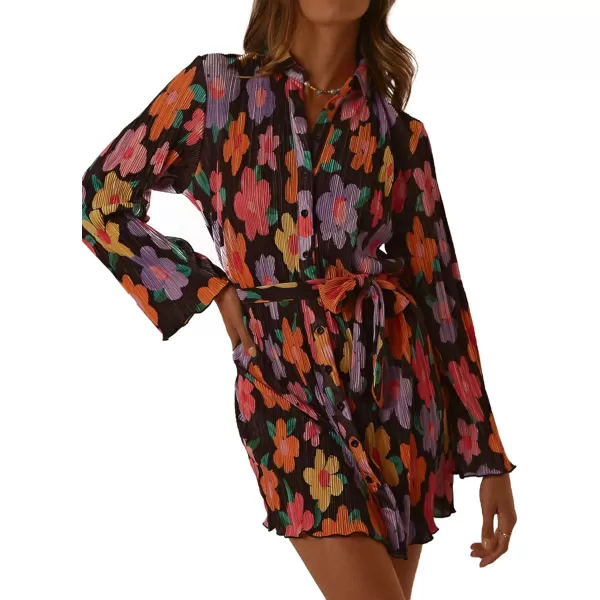 LYANER Women's Collar V Neck Button Down Pleated Long Sleeve Mini Shirt Dress with Belt