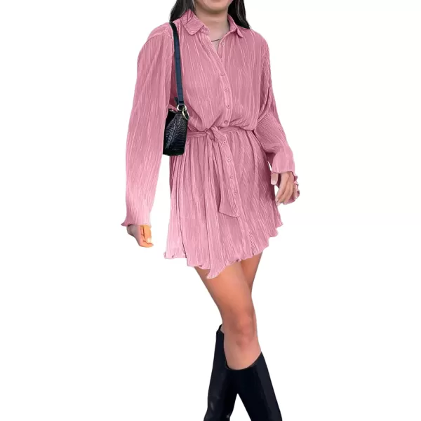 LYANER Women's Collar V Neck Button Down Pleated Long Sleeve Mini Shirt Dress with Belt