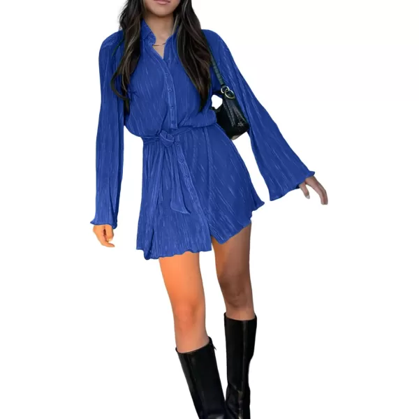 LYANER Women's Collar V Neck Button Down Pleated Long Sleeve Mini Shirt Dress with Belt