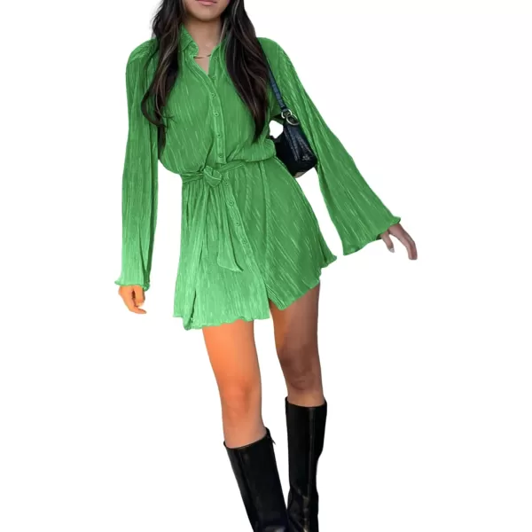 LYANER Women's Collar V Neck Button Down Pleated Long Sleeve Mini Shirt Dress with Belt