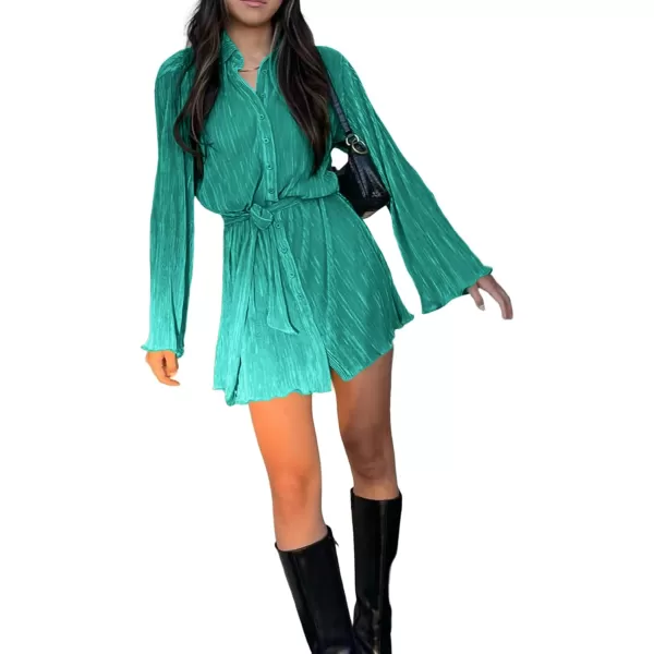 LYANER Women's Collar V Neck Button Down Pleated Long Sleeve Mini Shirt Dress with Belt