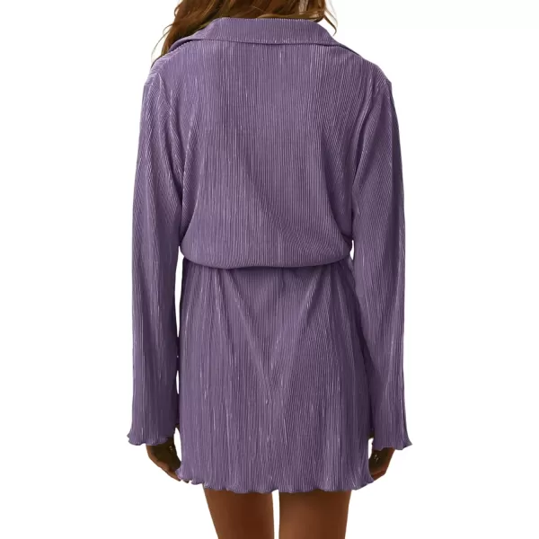 LYANER Women's Collar V Neck Button Down Pleated Long Sleeve Mini Shirt Dress with Belt