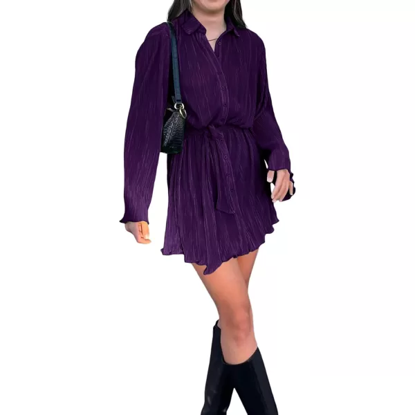 LYANER Women's Collar V Neck Button Down Pleated Long Sleeve Mini Shirt Dress with Belt