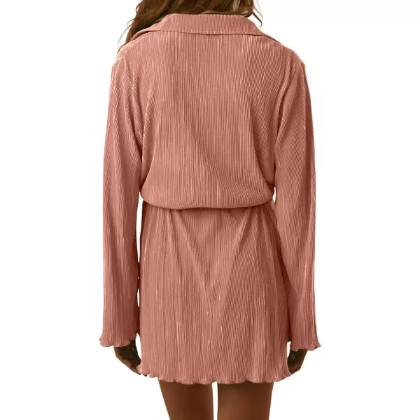 LYANER Women's Collar V Neck Button Down Pleated Long Sleeve Mini Shirt Dress with Belt