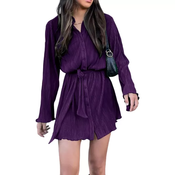 LYANER Women's Collar V Neck Button Down Pleated Long Sleeve Mini Shirt Dress with Belt