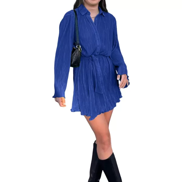 LYANER Women's Collar V Neck Button Down Pleated Long Sleeve Mini Shirt Dress with Belt