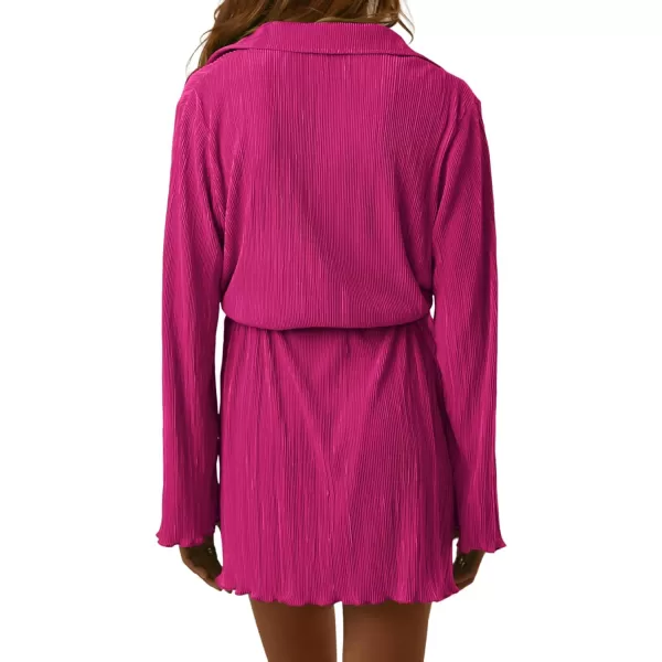 LYANER Women's Collar V Neck Button Down Pleated Long Sleeve Mini Shirt Dress with Belt