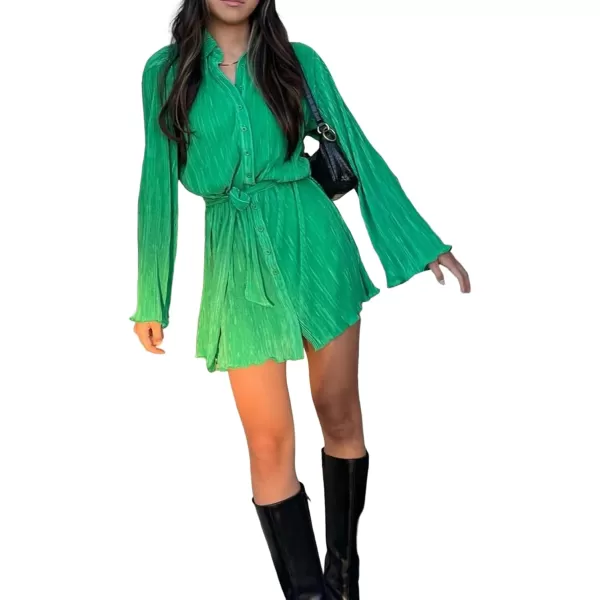 LYANER Women's Collar V Neck Button Down Pleated Long Sleeve Mini Shirt Dress with Belt