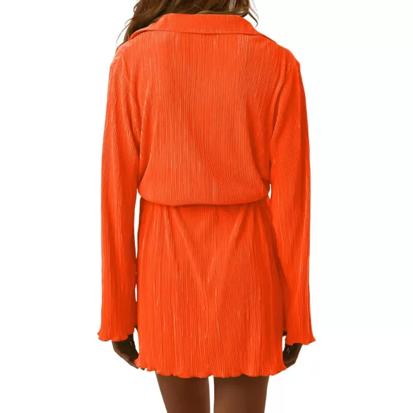 LYANER Women's Collar V Neck Button Down Pleated Long Sleeve Mini Shirt Dress with Belt