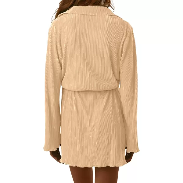 LYANER Women's Collar V Neck Button Down Pleated Long Sleeve Mini Shirt Dress with Belt