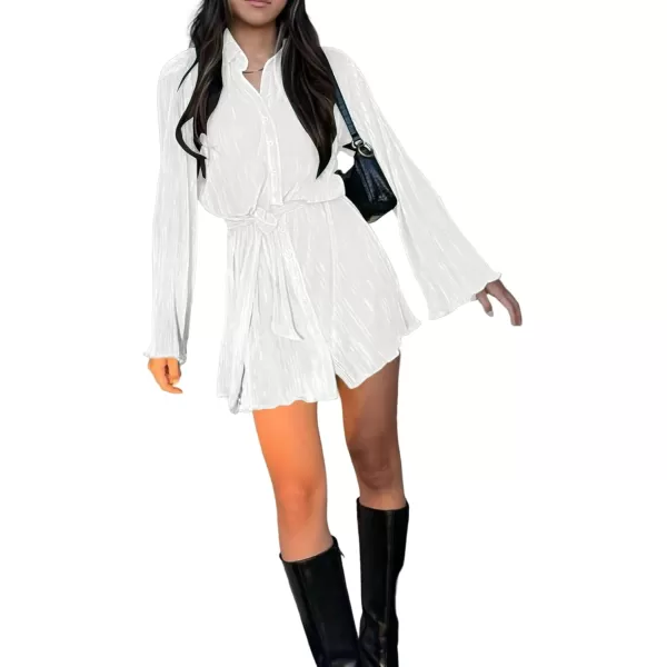 LYANER Women's Collar V Neck Button Down Pleated Long Sleeve Mini Shirt Dress with Belt