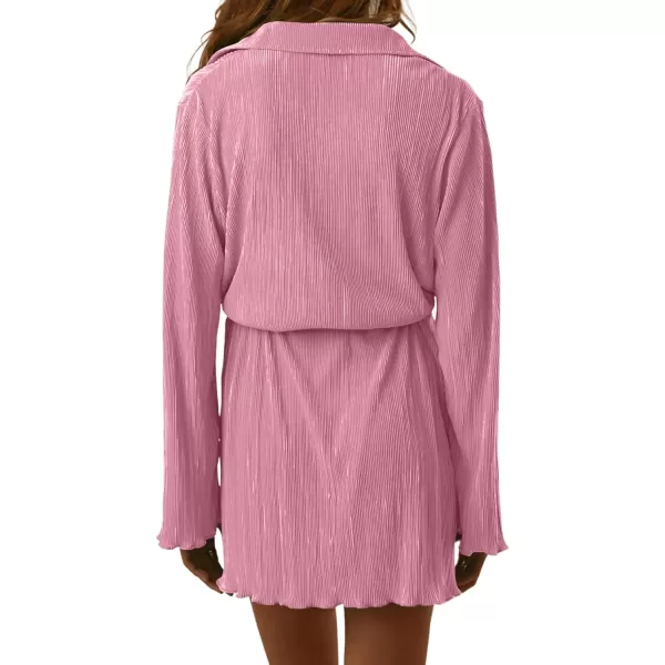 LYANER Women's Collar V Neck Button Down Pleated Long Sleeve Mini Shirt Dress with Belt