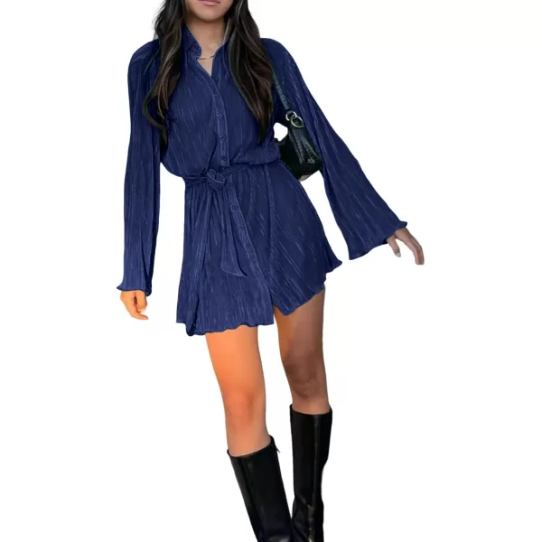LYANER Women's Collar V Neck Button Down Pleated Long Sleeve Mini Shirt Dress with Belt