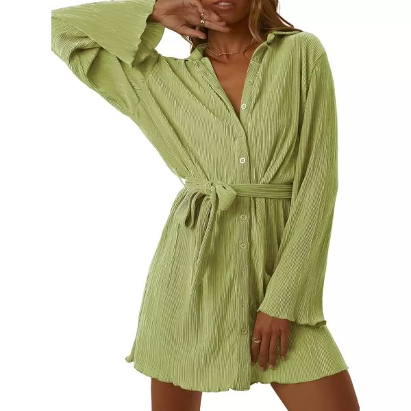 LYANER Women's Collar V Neck Button Down Pleated Long Sleeve Mini Shirt Dress with Belt