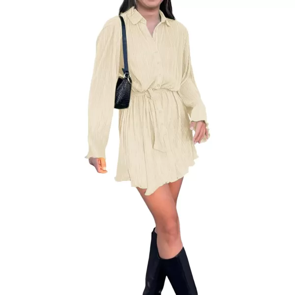 LYANER Women's Collar V Neck Button Down Pleated Long Sleeve Mini Shirt Dress with Belt