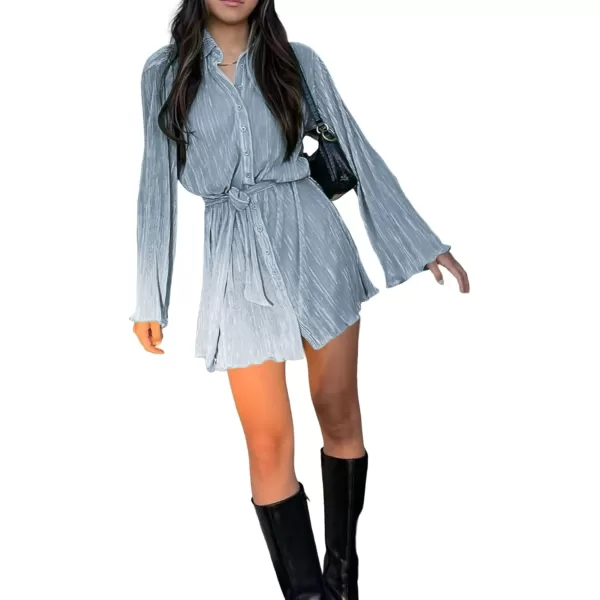 LYANER Women's Collar V Neck Button Down Pleated Long Sleeve Mini Shirt Dress with Belt