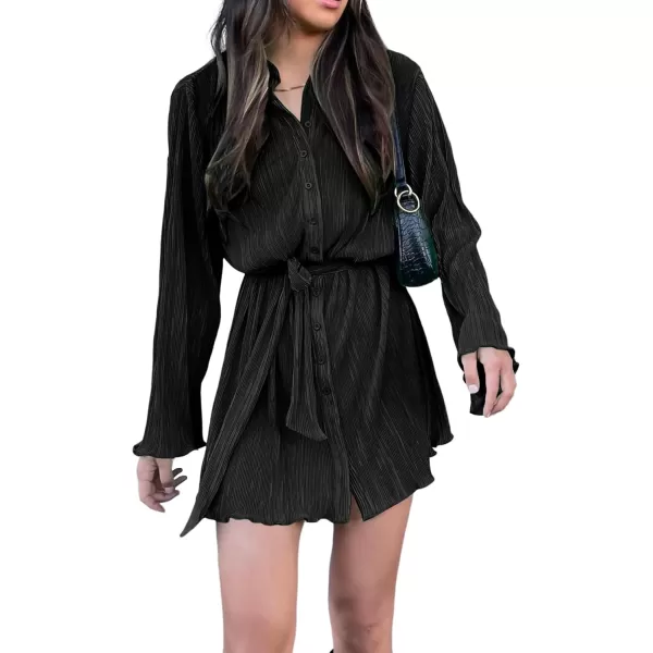 LYANER Women's Collar V Neck Button Down Pleated Long Sleeve Mini Shirt Dress with Belt