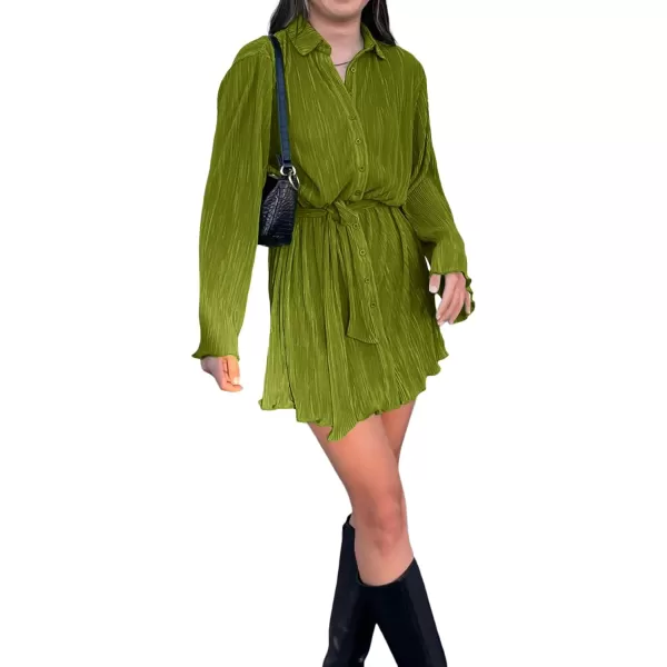 LYANER Women's Collar V Neck Button Down Pleated Long Sleeve Mini Shirt Dress with Belt