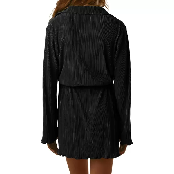 LYANER Women's Collar V Neck Button Down Pleated Long Sleeve Mini Shirt Dress with Belt