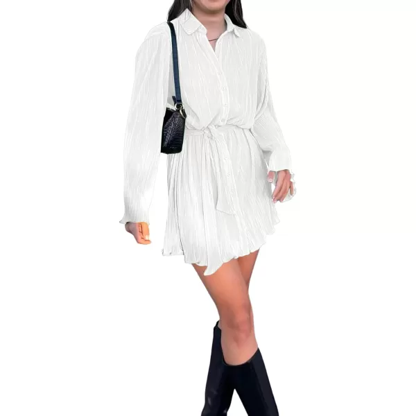 LYANER Women's Collar V Neck Button Down Pleated Long Sleeve Mini Shirt Dress with Belt