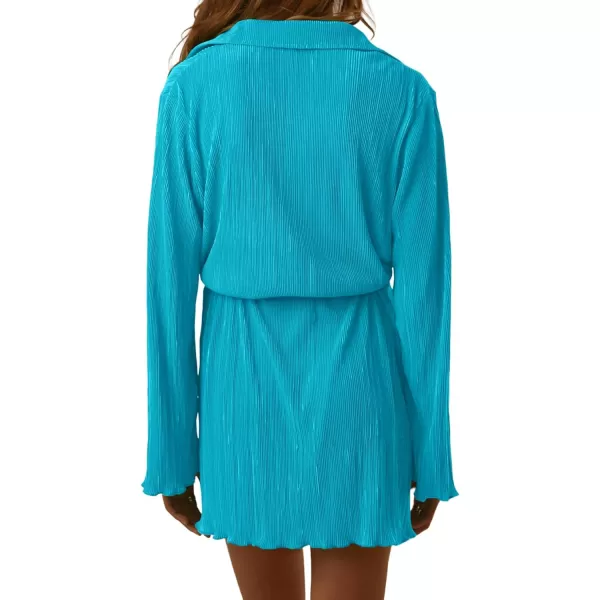 LYANER Women's Collar V Neck Button Down Pleated Long Sleeve Mini Shirt Dress with Belt