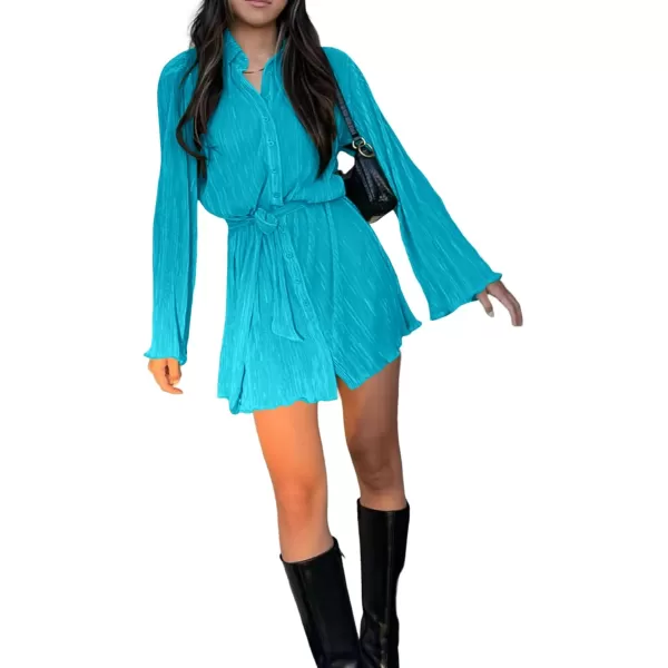 LYANER Women's Collar V Neck Button Down Pleated Long Sleeve Mini Shirt Dress with Belt