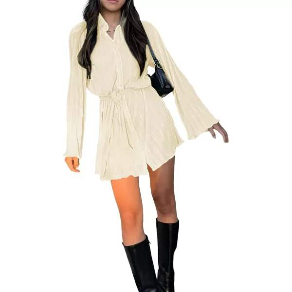LYANER Women's Collar V Neck Button Down Pleated Long Sleeve Mini Shirt Dress with Belt