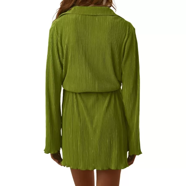 LYANER Women's Collar V Neck Button Down Pleated Long Sleeve Mini Shirt Dress with Belt