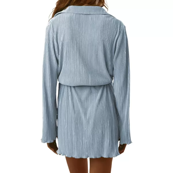 LYANER Women's Collar V Neck Button Down Pleated Long Sleeve Mini Shirt Dress with Belt