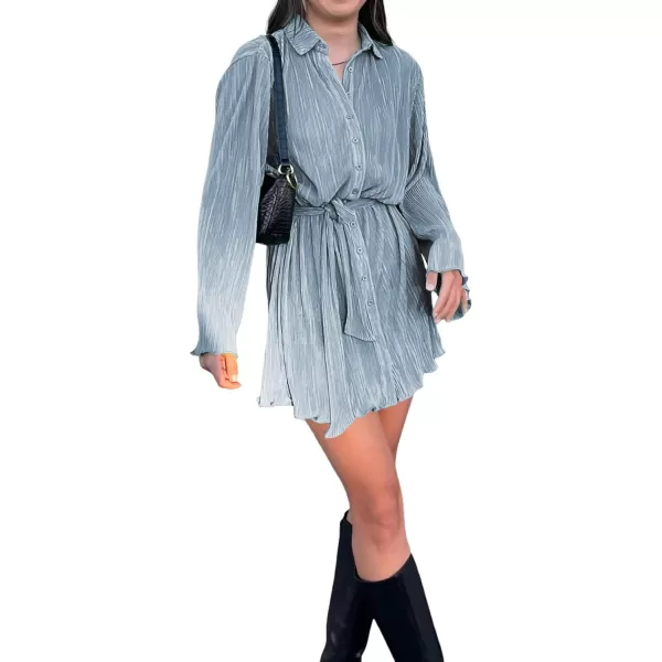 LYANER Women's Collar V Neck Button Down Pleated Long Sleeve Mini Shirt Dress with Belt