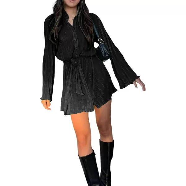 LYANER Women's Collar V Neck Button Down Pleated Long Sleeve Mini Shirt Dress with Belt