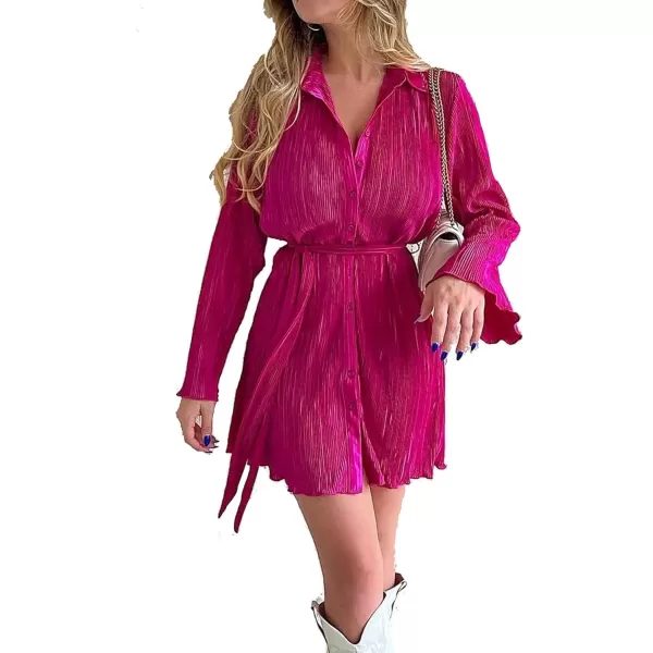 LYANER Women's Collar V Neck Button Down Pleated Long Sleeve Mini Shirt Dress with Belt