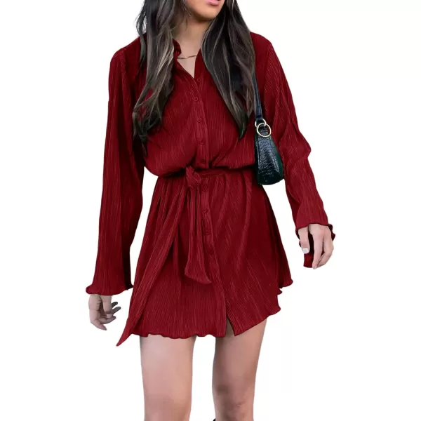 LYANER Women's Collar V Neck Button Down Pleated Long Sleeve Mini Shirt Dress with Belt