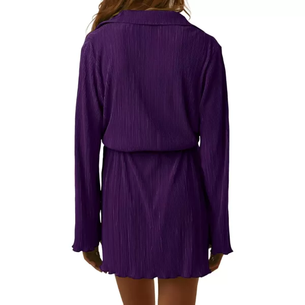 LYANER Women's Collar V Neck Button Down Pleated Long Sleeve Mini Shirt Dress with Belt
