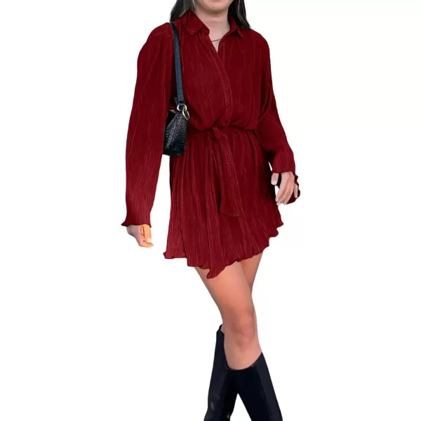 LYANER Women's Collar V Neck Button Down Pleated Long Sleeve Mini Shirt Dress with Belt