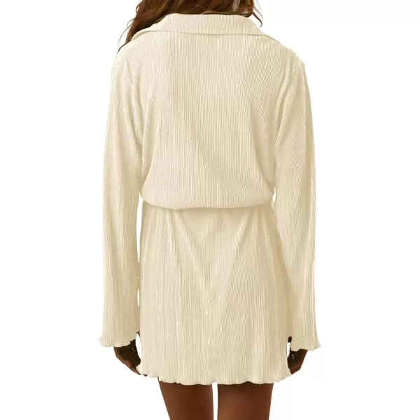 LYANER Women's Collar V Neck Button Down Pleated Long Sleeve Mini Shirt Dress with Belt