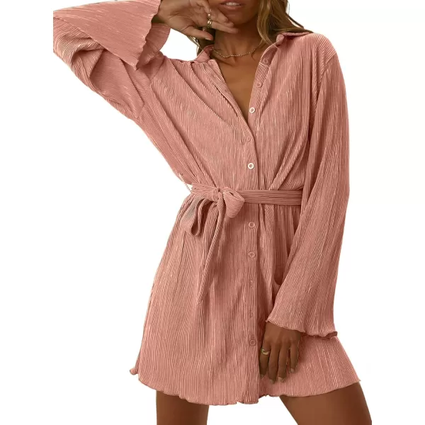 LYANER Women's Collar V Neck Button Down Pleated Long Sleeve Mini Shirt Dress with Belt