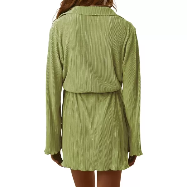 LYANER Women's Collar V Neck Button Down Pleated Long Sleeve Mini Shirt Dress with Belt