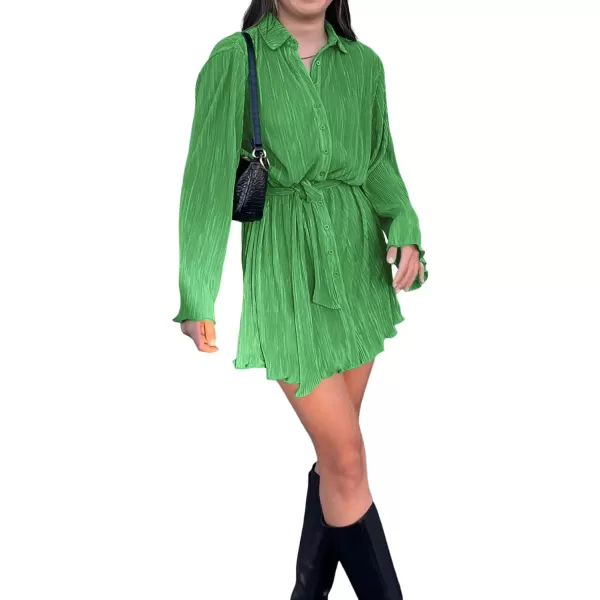 LYANER Women's Collar V Neck Button Down Pleated Long Sleeve Mini Shirt Dress with Belt
