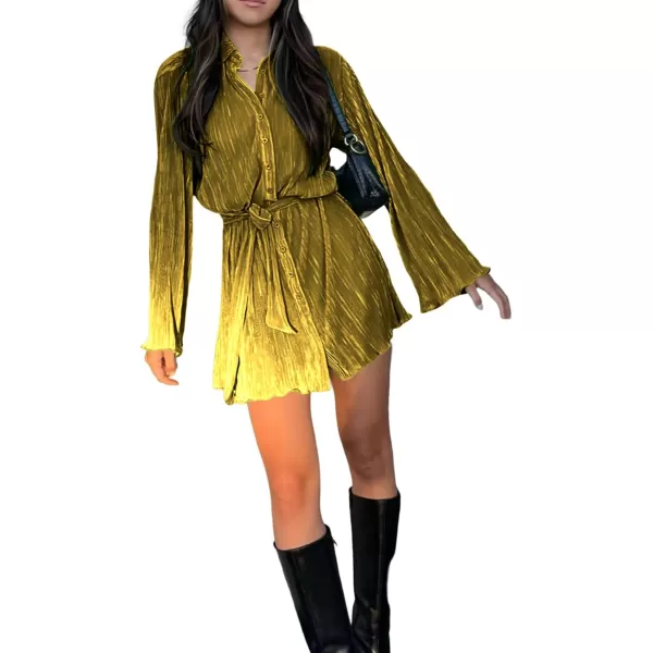 LYANER Women's Collar V Neck Button Down Pleated Long Sleeve Mini Shirt Dress with Belt
