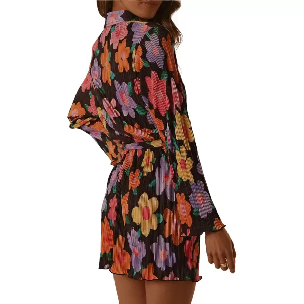 LYANER Women's Collar V Neck Button Down Pleated Long Sleeve Mini Shirt Dress with Belt